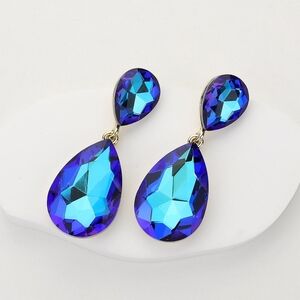 Blue Dangle Crystal Teardrop Earrings 2 Inch Cute Statement Jewelry Design